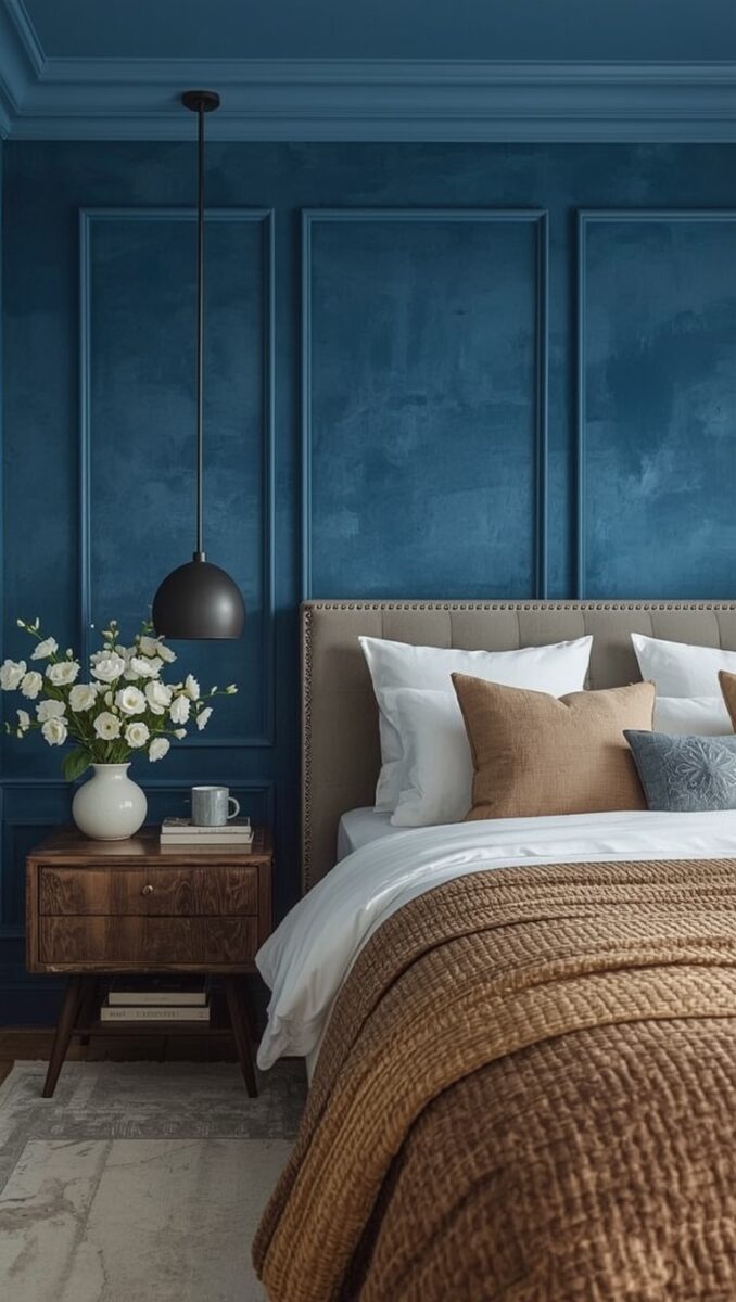 Elegant bedroom with deep blue wainscoting walls, beige upholstered headboard, warm brown knit throw, and mid-century wood nightstand