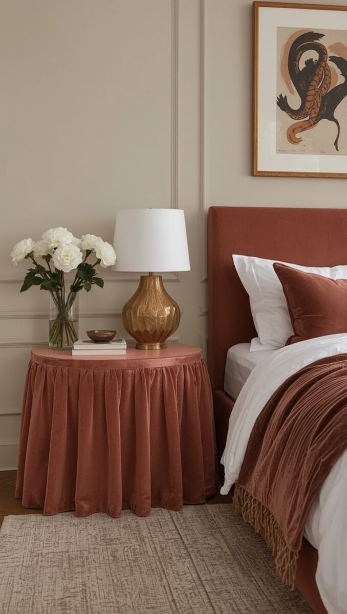 Elegant bedroom with terracotta velvet skirted nightstand, gold lamp, white roses, and rust upholstered bed