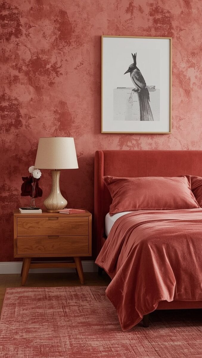Cozy bedroom with terracotta velvet bed, matching bedding, wood nightstand, ceramic lamp, and bird artwork on textured red wall