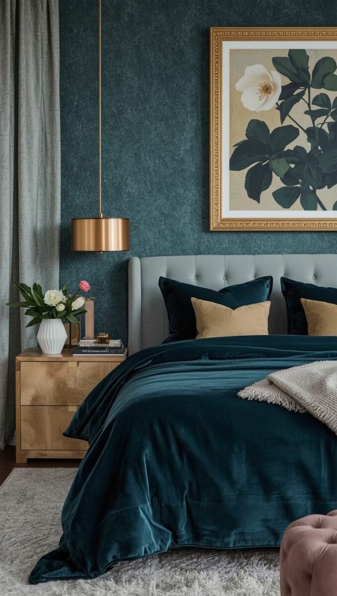 Luxurious teal velvet bedroom with gold pendant lamp, tufted headboard, and botanical wall art