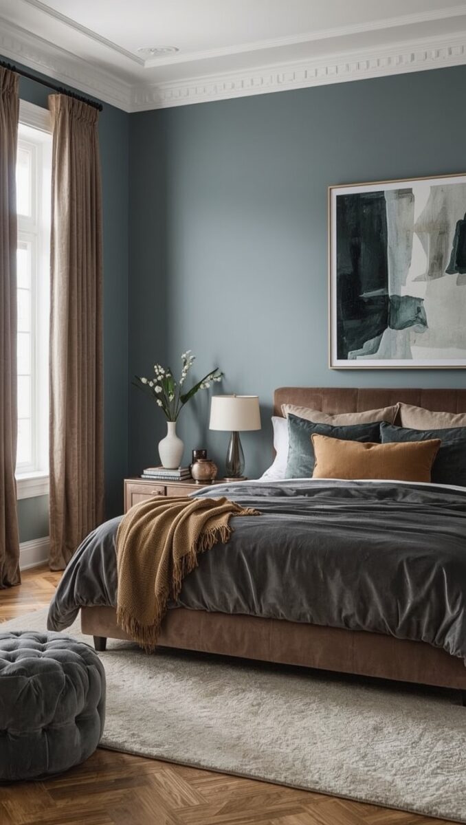 Elegant bedroom with dusty blue walls, brown velvet bed, gray velvet duvet, mustard throw blanket, and abstract wall art