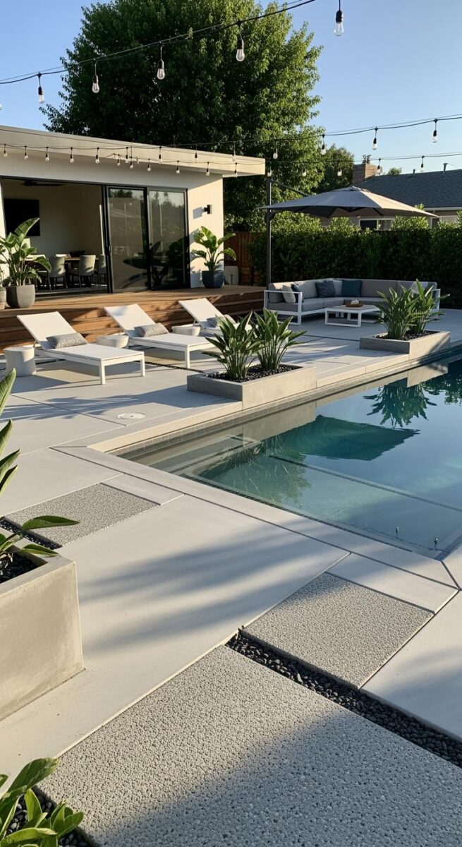 Modern backyard pool with white lounge chairs, outdoor sectional sofa, tropical planters, string lights, and contemporary home