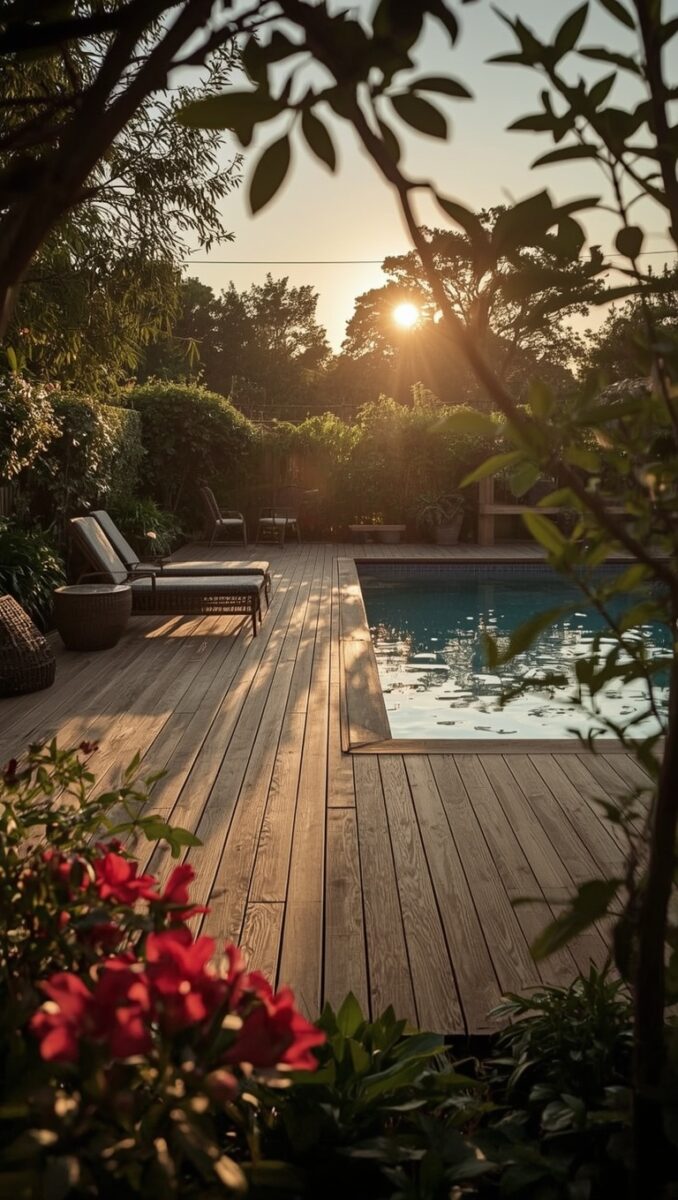 Wooden pool deck surrounded by lush greenery and red flowers at golden hour sunset