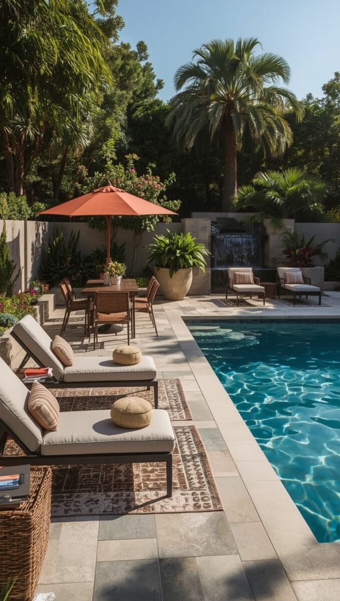 Luxury backyard pool with lounge chairs, patterned rugs, dining set, terracotta umbrella, waterfall feature, and palm trees
