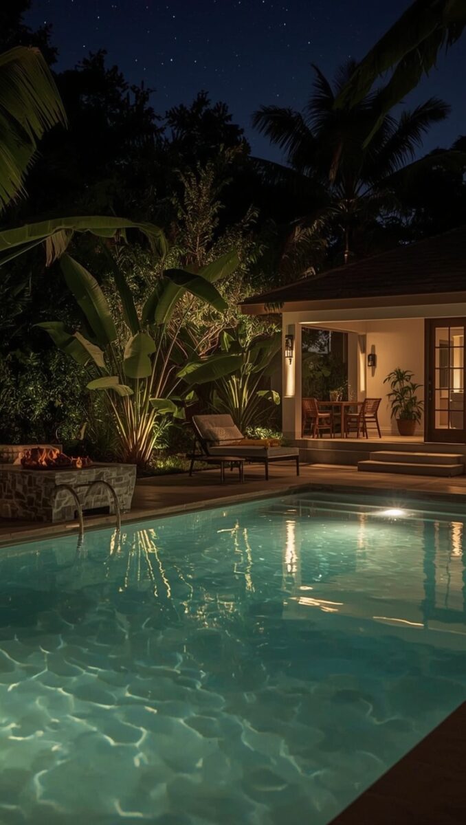 Illuminated backyard swimming pool at night with tropical plants, fire pit, lounge chairs, and lit poolside cabana