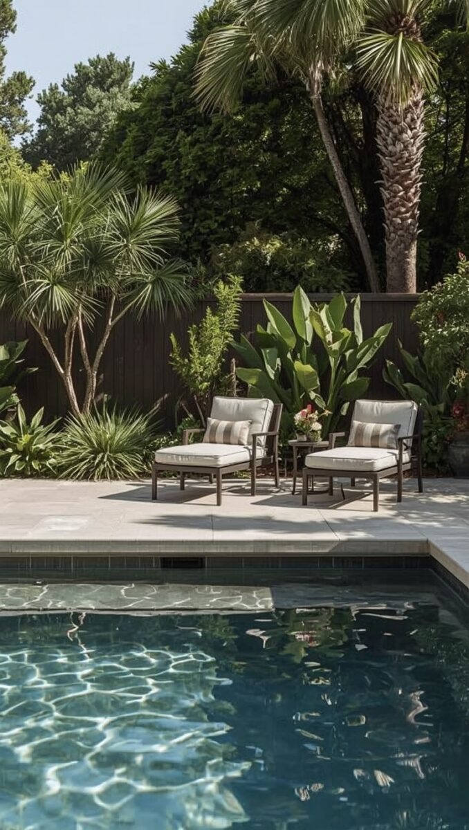 Luxury backyard pool with two cushioned lounge chairs on stone patio surrounded by tropical palm trees and lush greenery