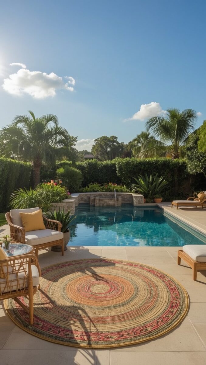 Luxury backyard pool with rattan chairs, colorful round outdoor rug, palm trees, and stone waterfall feature