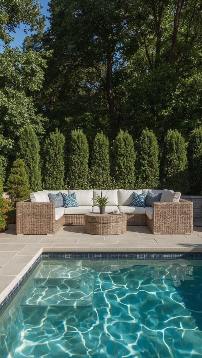 Wicker sectional sofa with white cushions and blue pillows beside a crystal clear swimming pool with arborvitae backdrop
