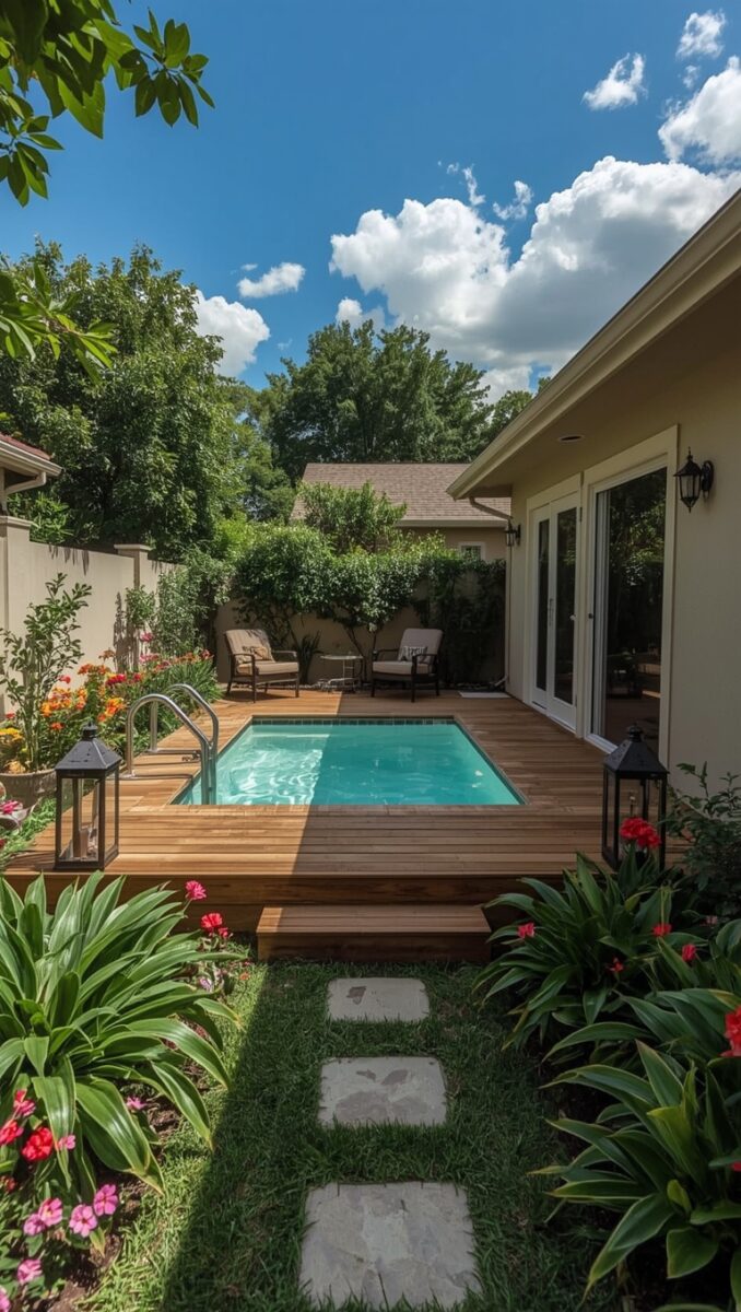 Small backyard above-ground pool with wood deck, patio furniture, and colorful flower gardens beside a house