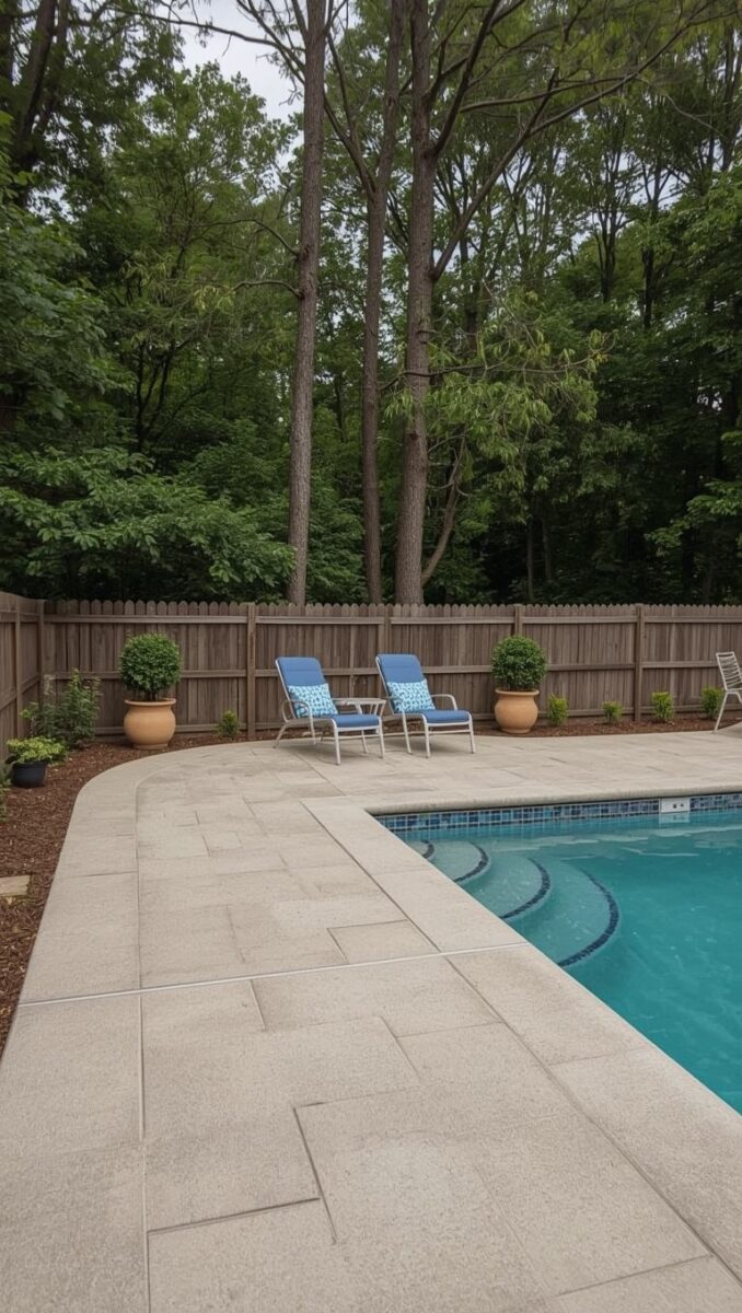 Backyard swimming pool with blue lounge chairs, stone patio, potted topiaries, and wooden privacy fence surrounded by trees