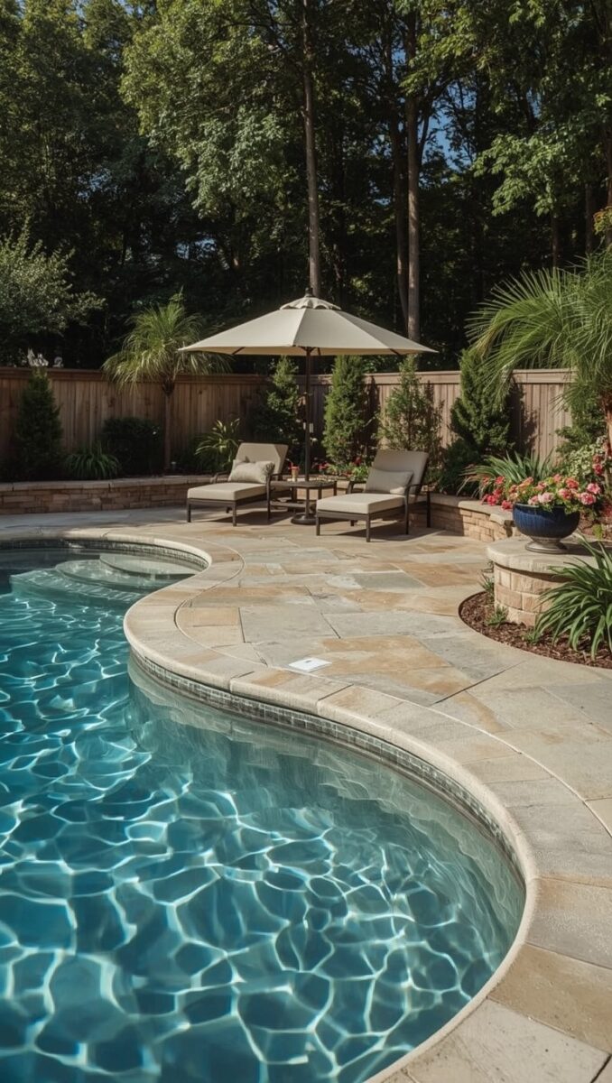Luxury backyard pool with curved stone patio, lounge chairs, patio umbrella, and lush tropical landscaping