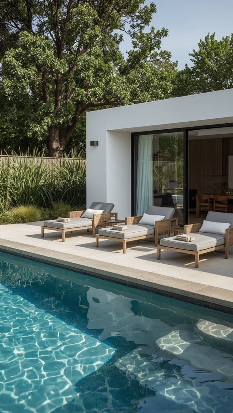 Modern pool area with teak lounge chairs and white minimalist pool house surrounded by lush greenery