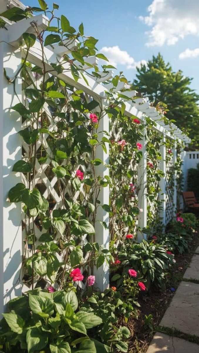 White lattice trellis fence covered in climbing roses with pink blooms and lush green vines in a garden