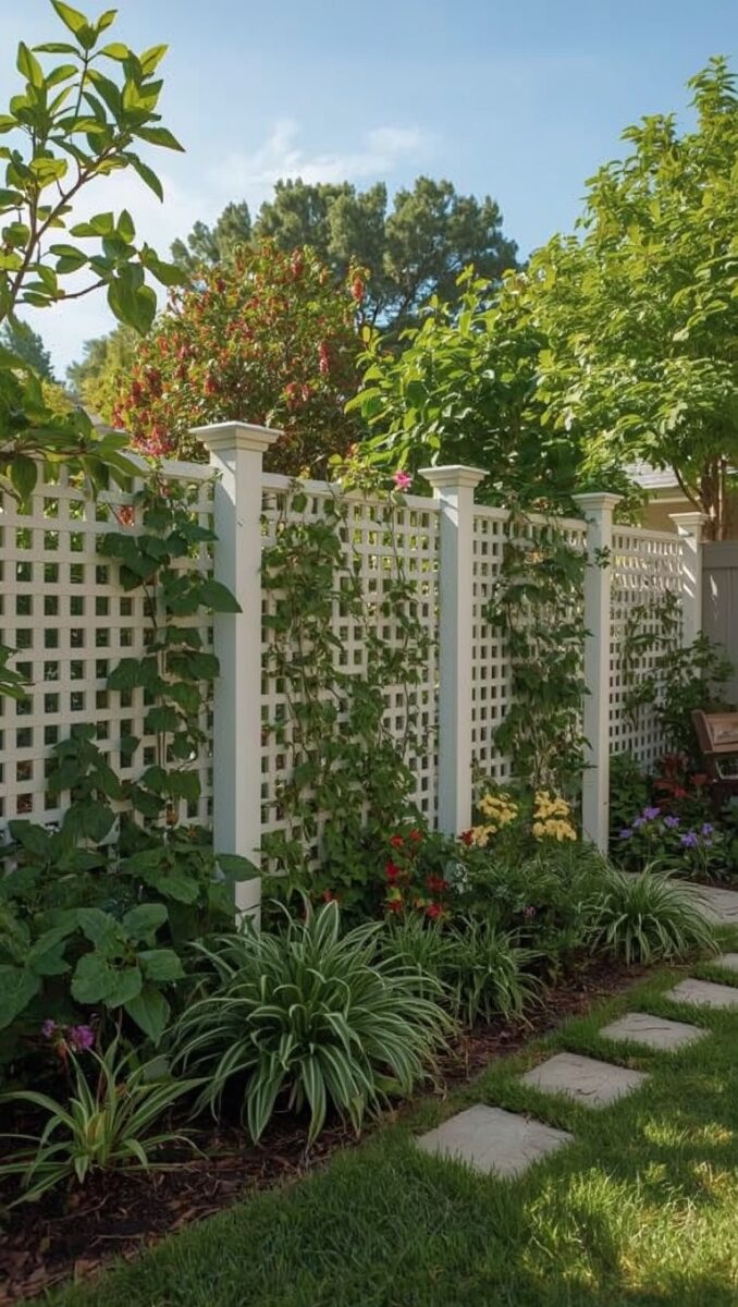 White vinyl lattice privacy fence with climbing vines and colorful garden border in a backyard
