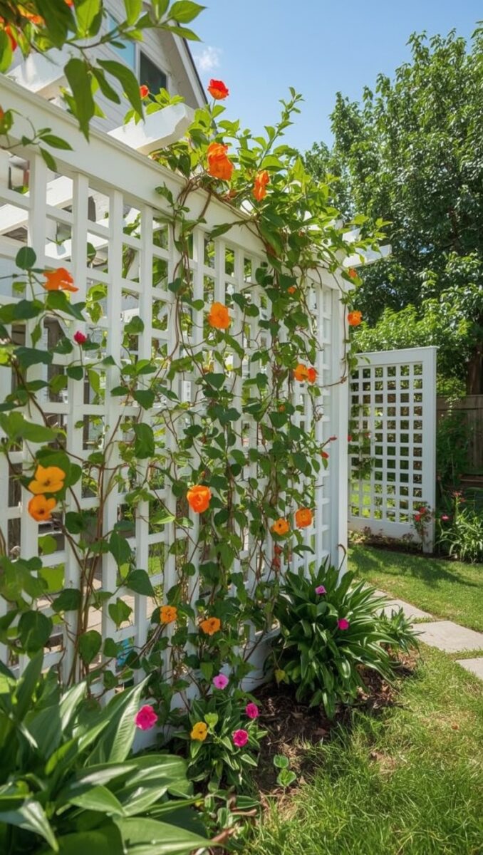 White lattice trellis covered in climbing vines with orange and pink flowers in a sunny backyard garden
