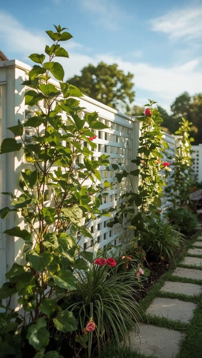White lattice trellis fence with climbing roses and green vines along a stone garden pathway