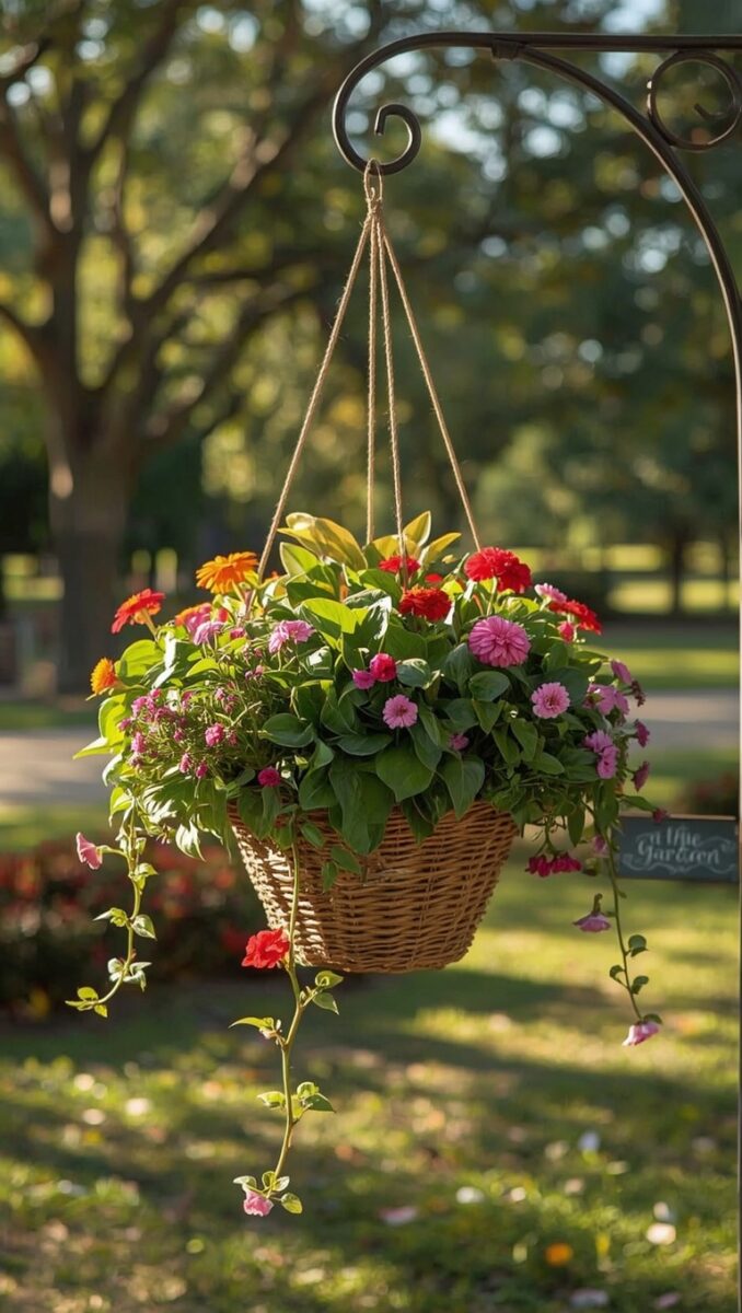 Colorful hanging flower basket with zinnias, gerberas, and trailing vines in a wicker planter outdoors