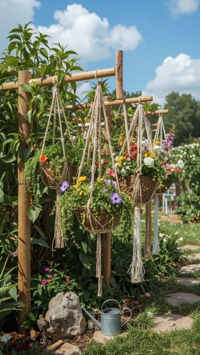 Macramé hanging baskets with colorful flowers suspended from a rustic wooden trellis in a sunny garden