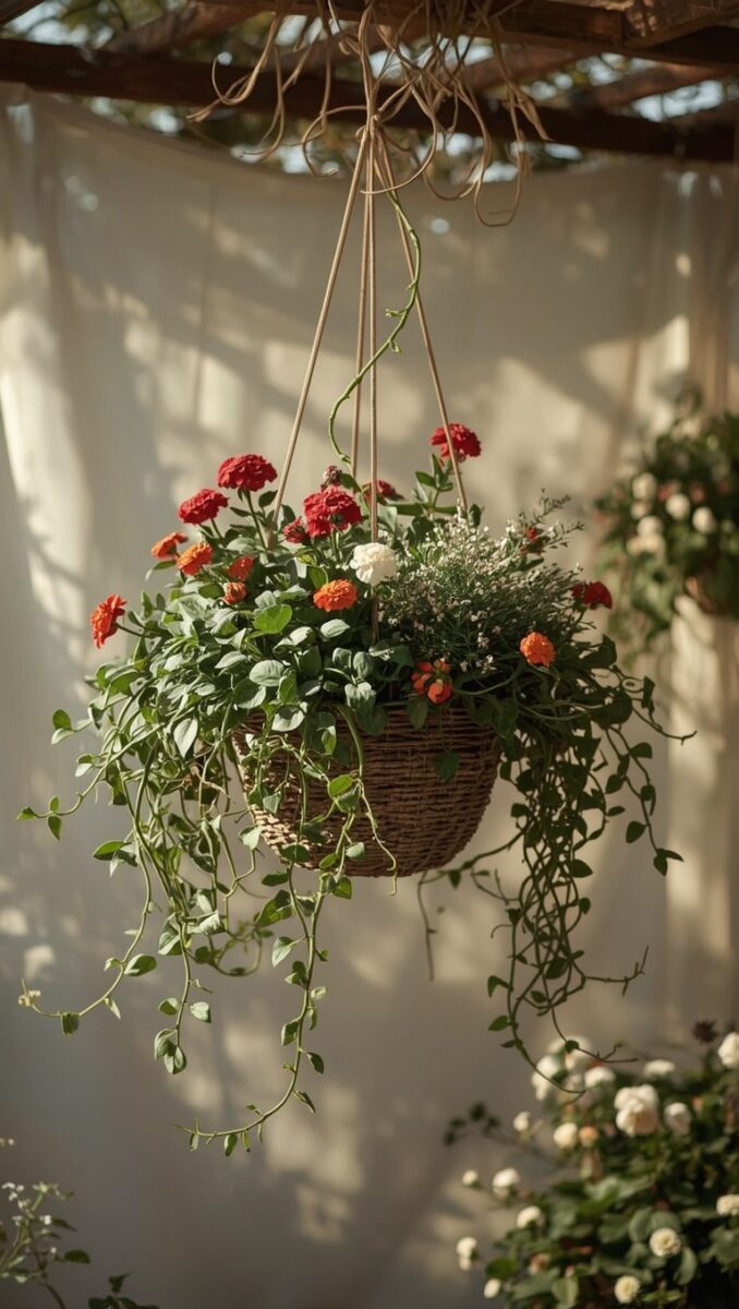 Wicker hanging basket overflowing with red, orange, and white zinnias and trailing green vines under a wooden pergola