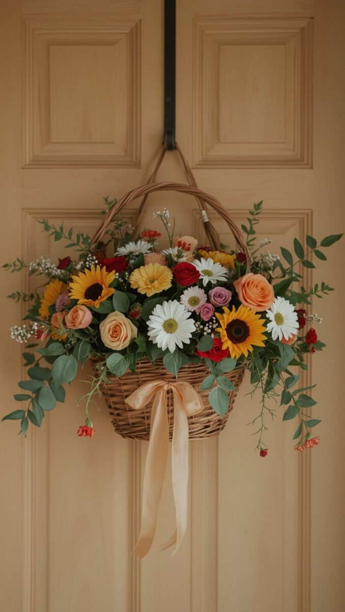 Colorful floral basket with sunflowers, roses, daisies, and greenery hanging on a beige front door with a peach ribbon bow