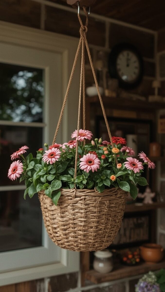 Pink gerbera daisies in a woven hanging basket suspended by rope on a rustic porch