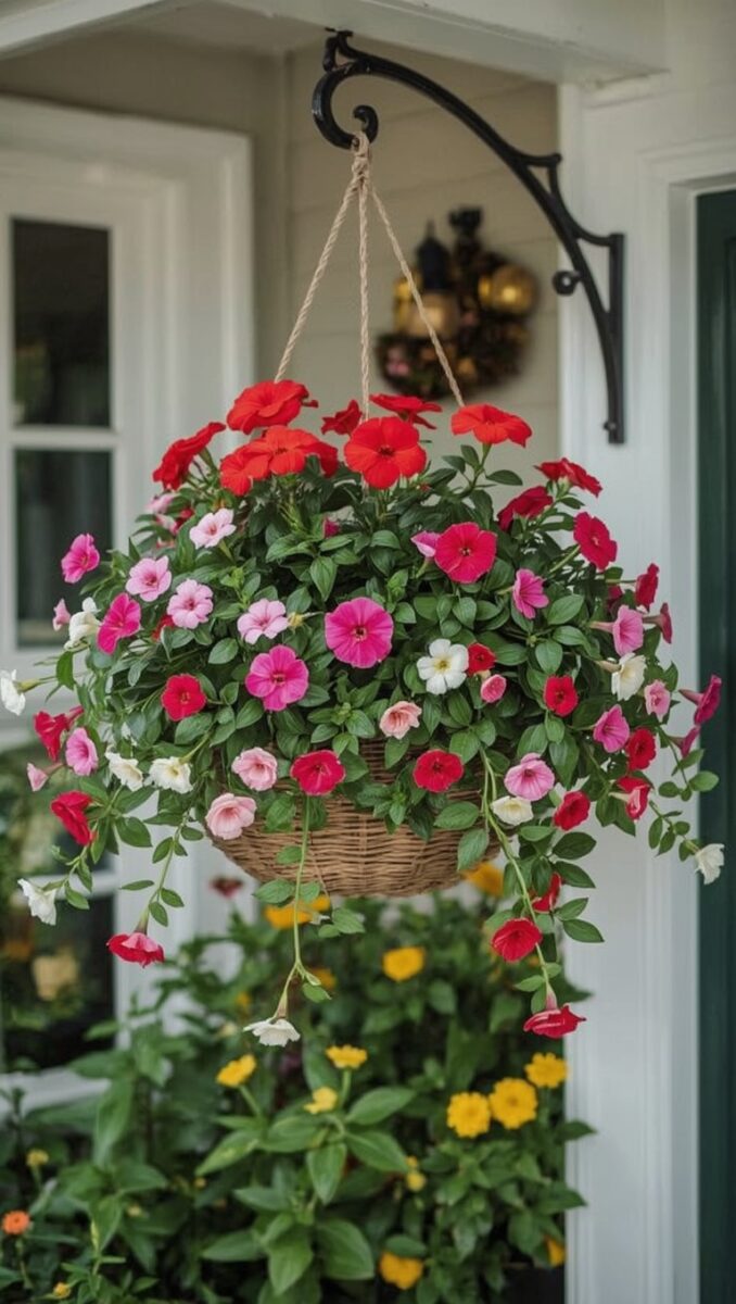 Colorful hanging basket with red, pink, and white petunias on a decorative black iron bracket by a white porch