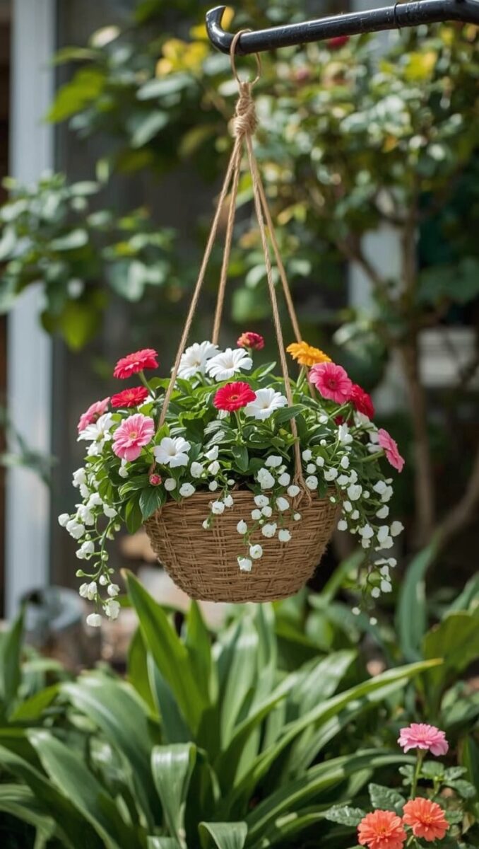 Colorful hanging basket with gerbera daisies, white petunias, and trailing lily of the valley in woven pot