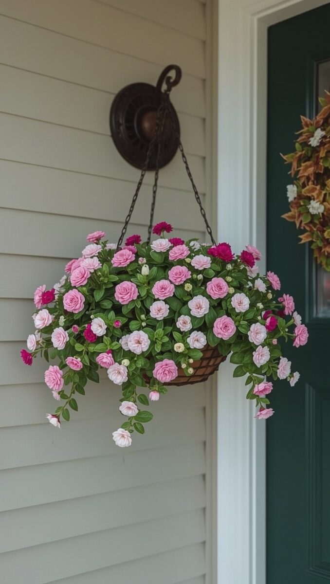 Lush hanging basket of pink double impatiens flowers in shades of pink and magenta on a white siding porch