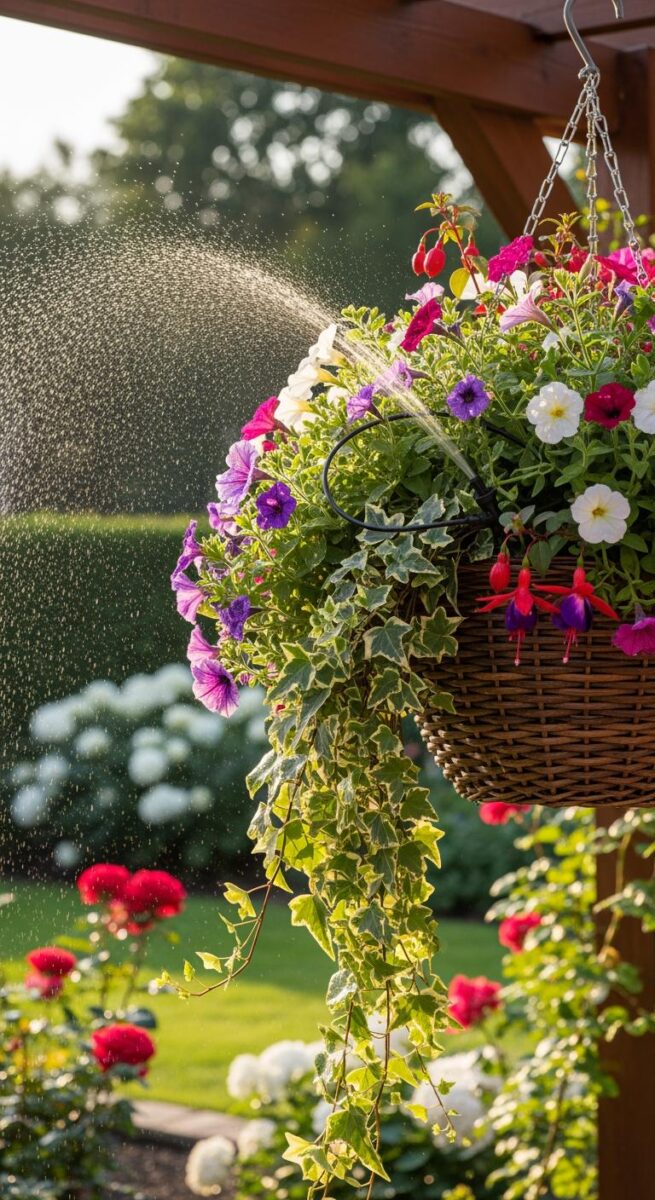 Colorful hanging basket with petunias, fuchsias, and trailing ivy being watered with a spray mist