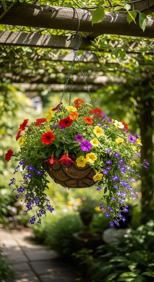 Colorful hanging basket with red, yellow, purple petunias and lobelia in coco coir liner, suspended from wooden pergola