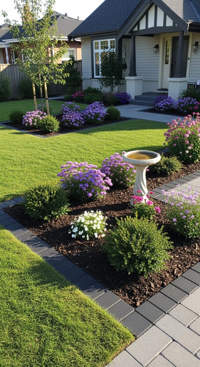 Beautifully landscaped front yard with purple and pink flowering plants, bird bath, dark mulch beds, and green lawn
