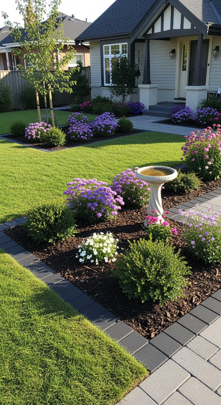 Beautifully landscaped front yard with purple and pink flowering plants, bird bath, dark mulch beds, and green lawn