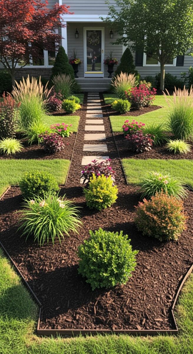 Symmetrical front yard landscaping with stone path, dark mulch beds, ornamental grasses, shrubs, and colorful flowers leading to house entrance
