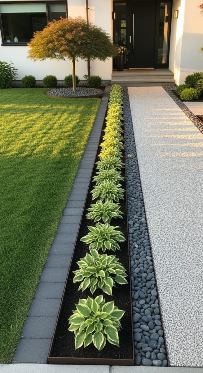 Modern front yard landscaping with linear hosta border, dark river rocks, white gravel driveway, and Japanese maple tree