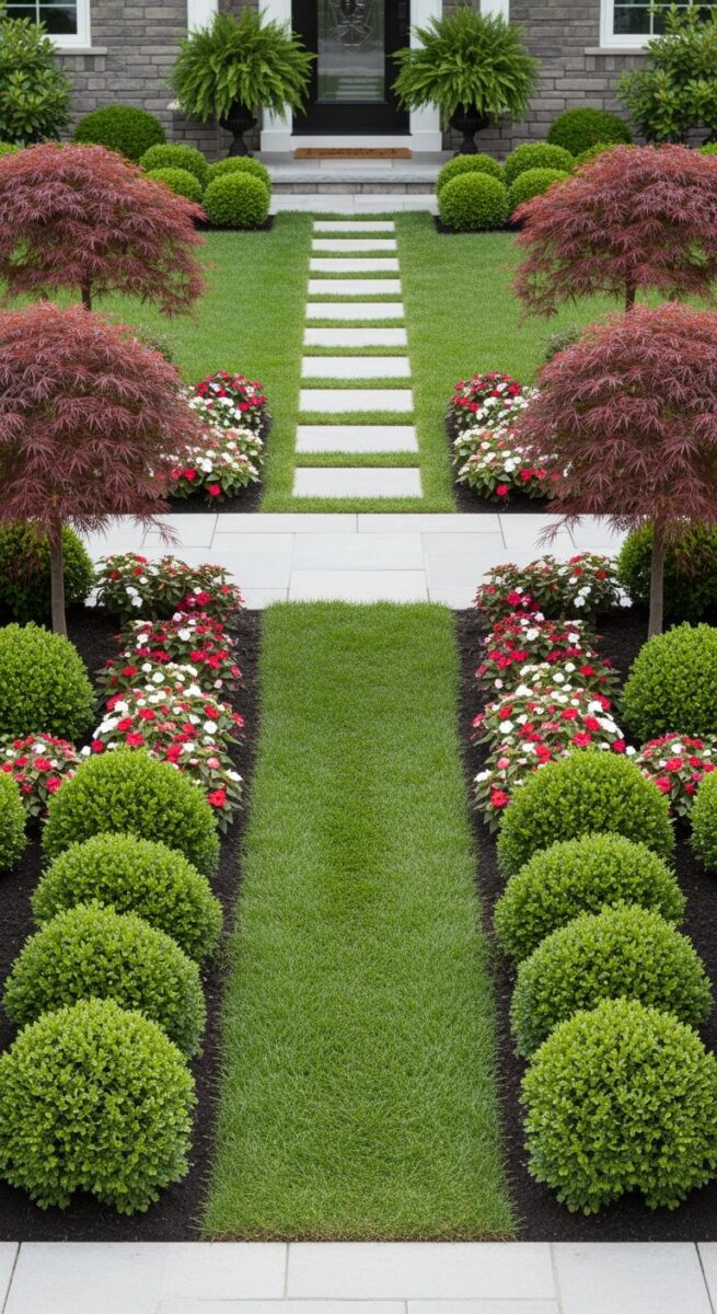 Symmetrical front yard landscaping with boxwood spheres, red Japanese maples, impatiens flowers, and stone pathway to home entrance