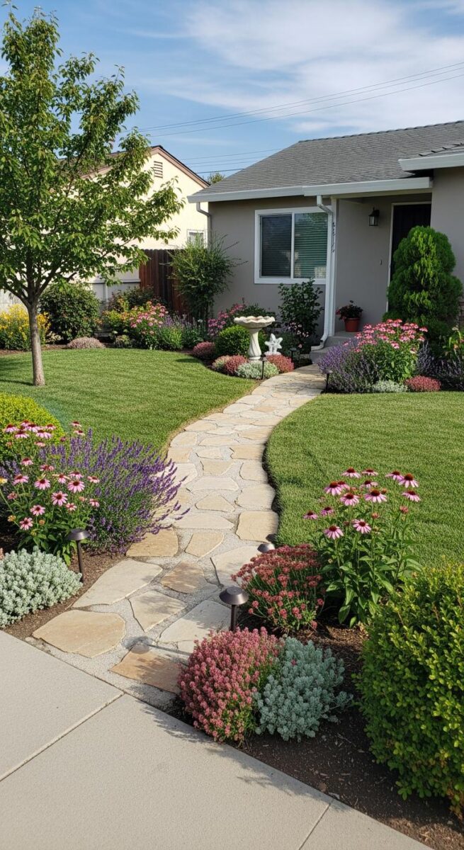 Curved flagstone pathway through lush front yard with purple lavender, pink coneflowers, and manicured green lawn