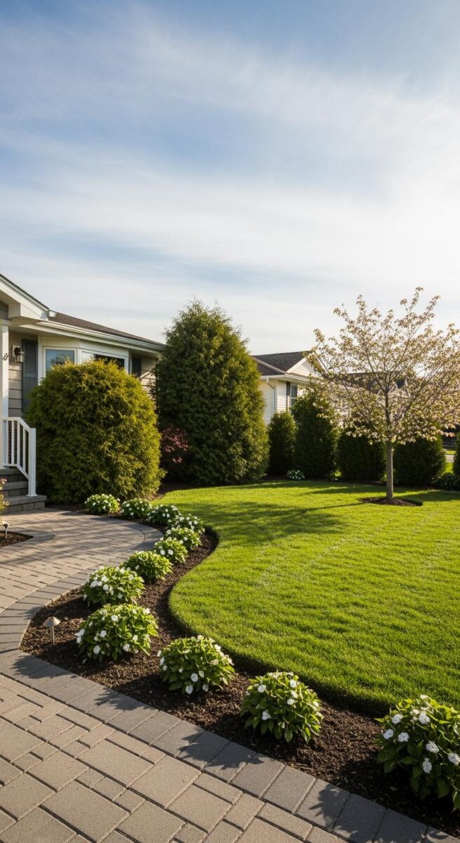 Well-manicured front yard with curved garden bed, white flowering plants, evergreen shrubs, and lush green lawn