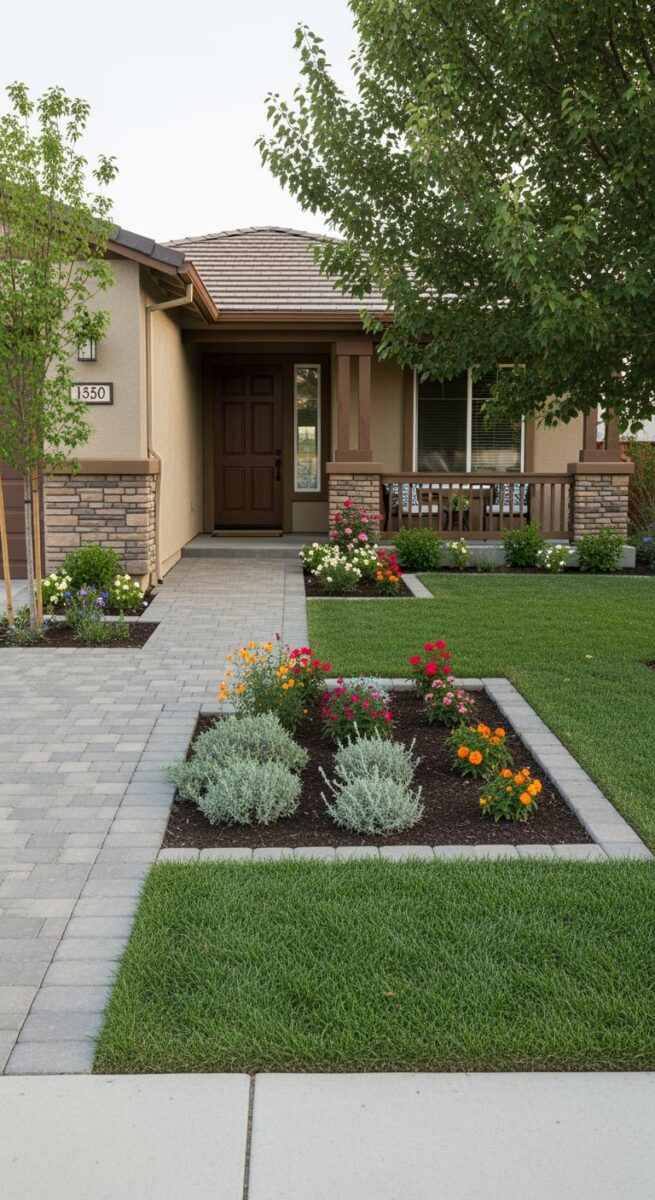 Well-landscaped front yard with colorful flower beds, paver walkway, and manicured lawn at house number 1350