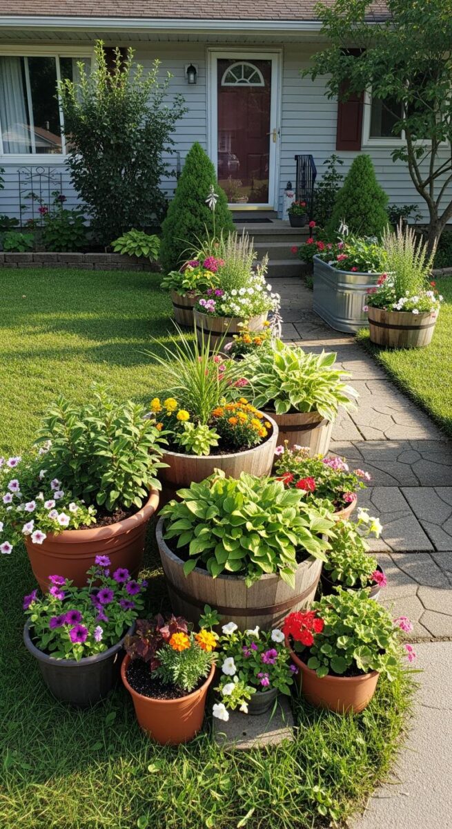 Colorful container garden with wooden barrels, terracotta pots, and flowers lining a stone pathway to a suburban home entrance