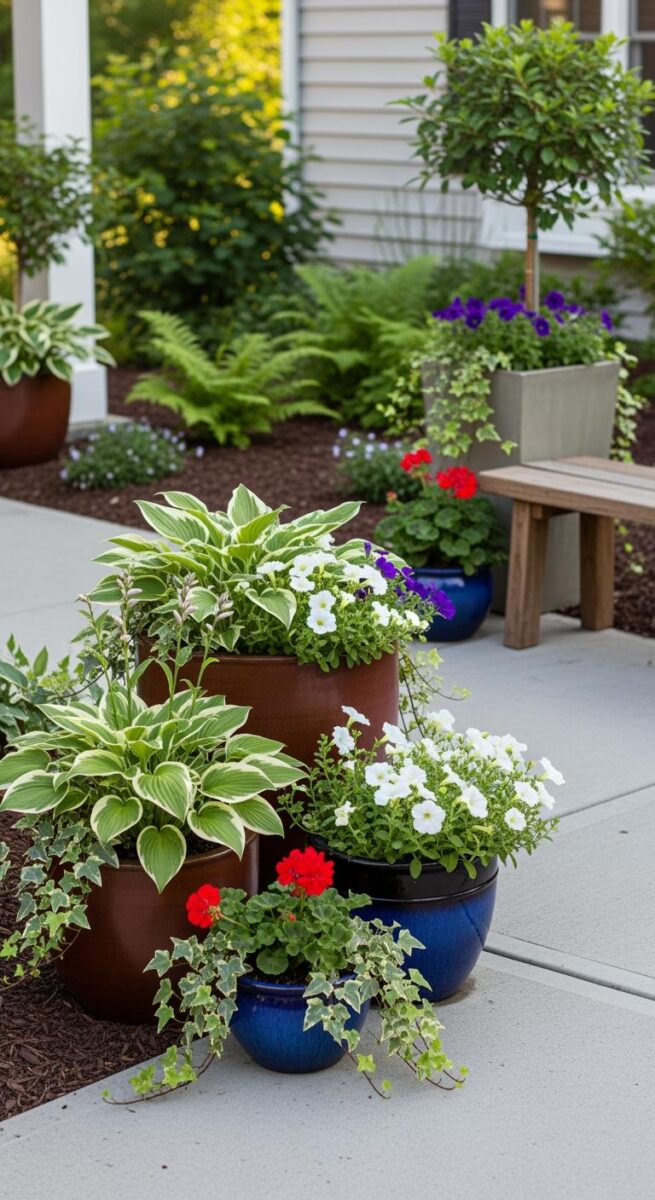 Colorful container garden on patio with hostas, white petunias, red geraniums, and blue ceramic pots