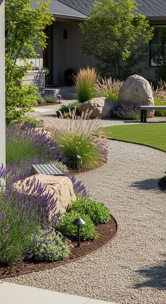 Modern drought-tolerant front yard with gravel path, lavender, ornamental grasses, boulders, and artificial turf lawn area