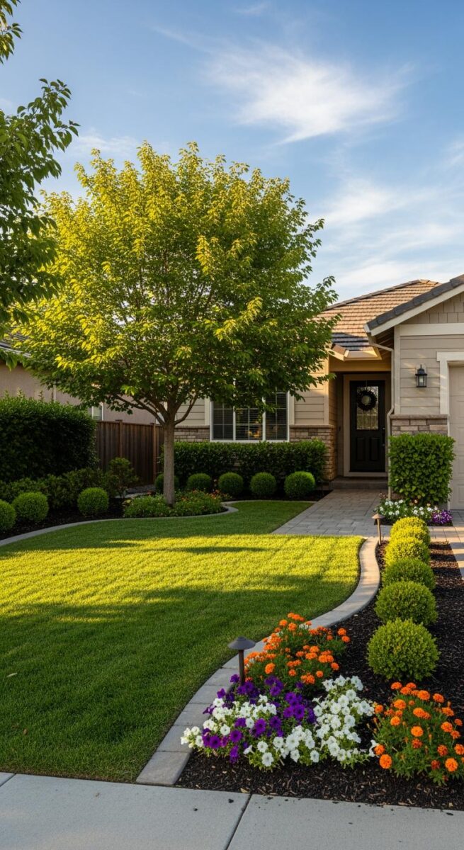 Well-landscaped suburban home front yard with colorful flower beds, manicured lawn, and paver walkway