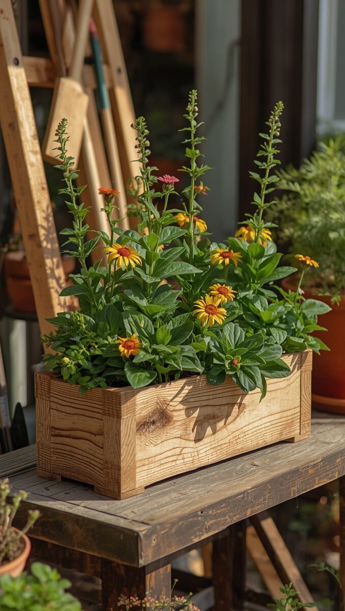 Rustic wooden planter box with yellow rudbeckia flowers and tall spike plants on an outdoor wooden table