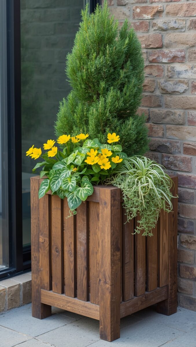 Rustic dark wood square planter box with dwarf evergreen tree, yellow flowers, heart-leaf plant, and trailing spider plant