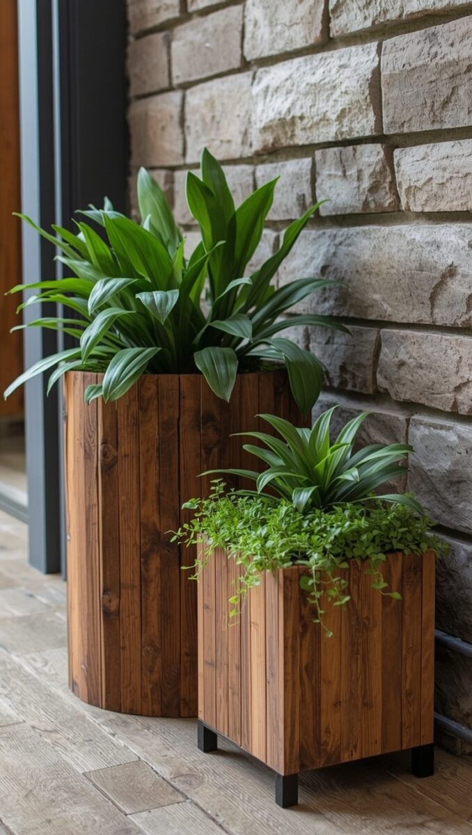 Two dark wood vertical plank planters with lush green tropical plants against a stone wall