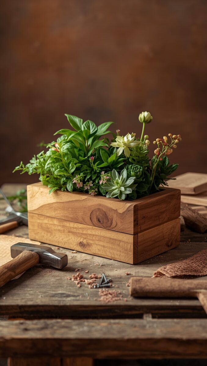 Handmade wooden planter box filled with herbs, succulents, and small flowers on a rustic workbench