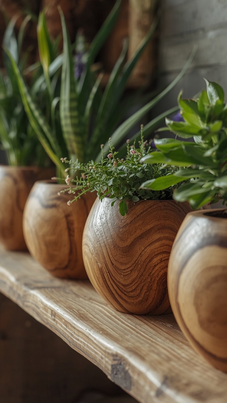 Four round wooden planters with green plants arranged on a rustic wooden shelf