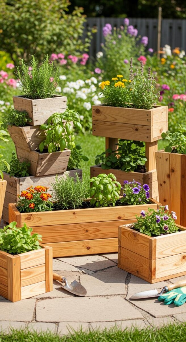 Multiple wooden planter boxes with herbs, marigolds, and purple petunias arranged on a sunny garden patio