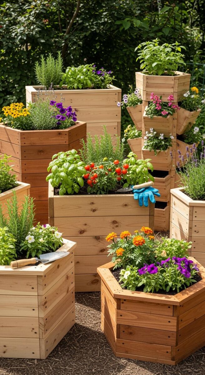 Multiple cedar wood raised garden planters with herbs, tomatoes, marigolds, lavender, and colorful flowers in a backyard garden