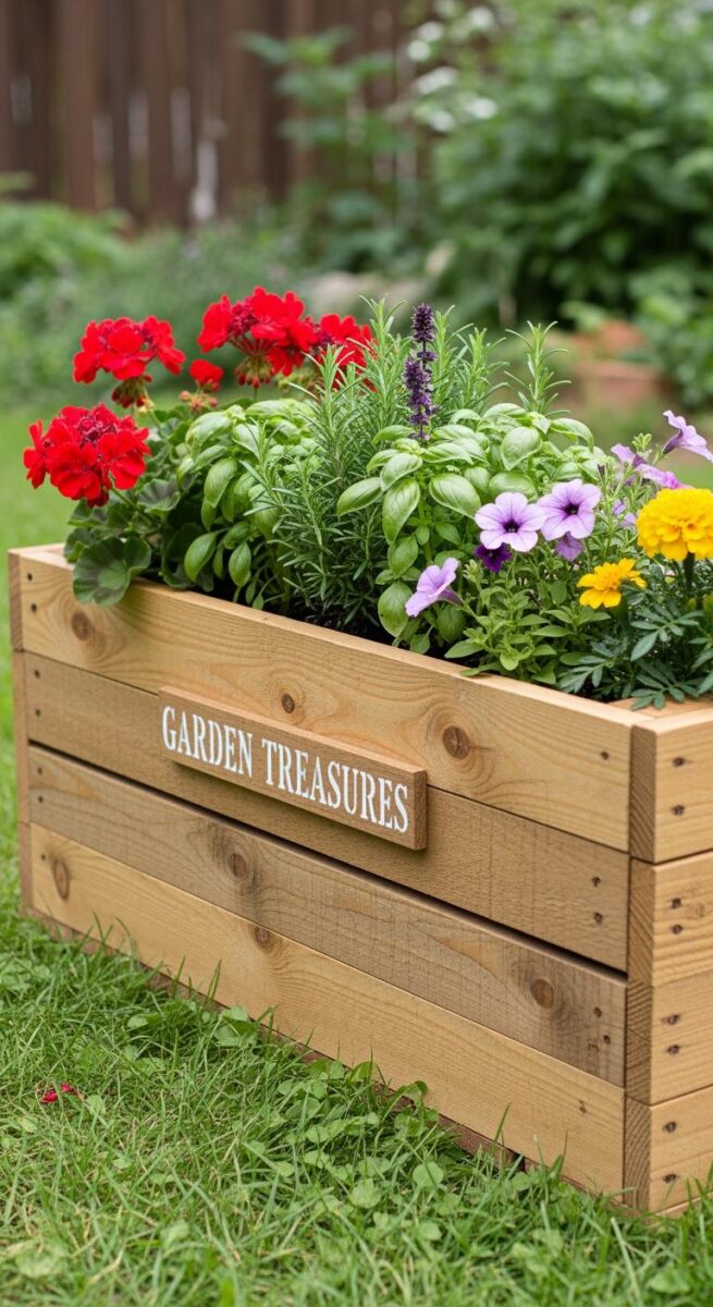 Wooden garden planter box labeled Garden Treasures filled with red geraniums, petunias, marigolds, basil, and rosemary